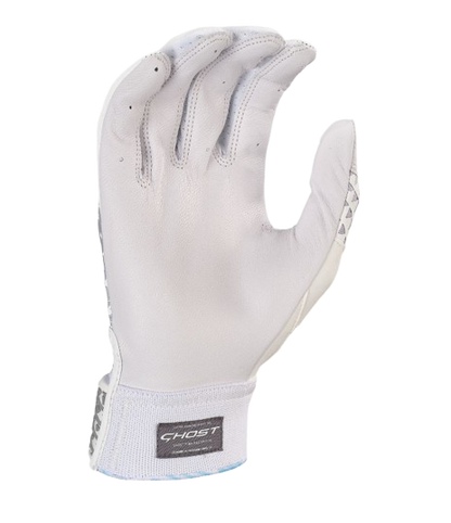 A photo of the Easton Ghost NX Fastpitch Batting Gloves in colour white and silver. Palm view.