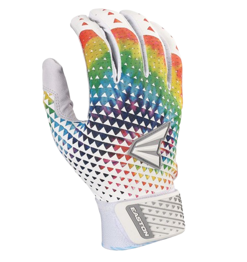 A photo of the Easton Ghost NX Fastpitch Batting Gloves in colour tie dye. Rear view.