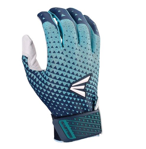 A photo of the Easton Ghost NX Fastpitch Batting Gloves in colour white, navy and turquoise. Rear view.