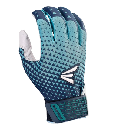 A photo of the Easton Ghost NX Fastpitch Batting Gloves in colour white, navy and turquoise. Rear view.