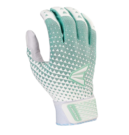 A photo of the Easton Ghost NX Fastpitch Batting Gloves in colour mint and grey. Rear view.