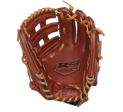 A photo of the Rawlings R9 Pro Nolan Arenado 11.75" Baseball Glove in colour brown. Palm view.