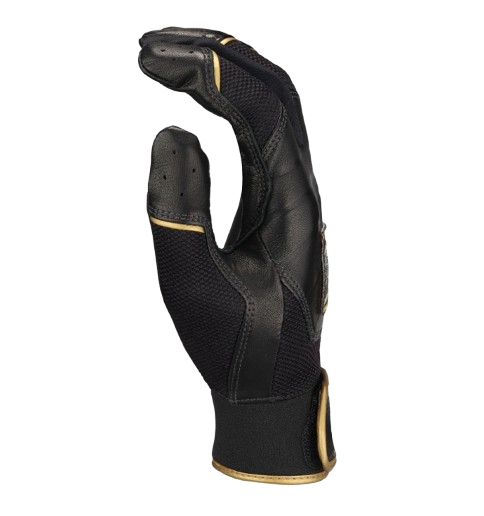 A photo of the Easton Mav GT Adult Batting Gloves in colour black and gold. Side view.