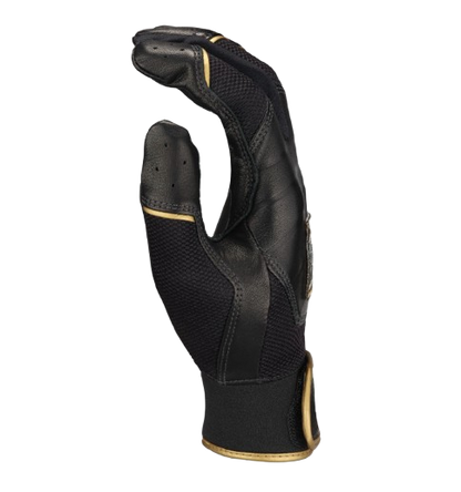 A photo of the Easton Mav GT Adult Batting Gloves in colour black and gold. Side view.