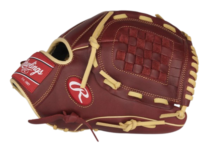 A photo of the Rawlings Sandlot 12" Baseball Glove in colour red and beige. Side view.