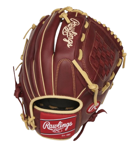 A photo of the Rawlings Sandlot 12" Baseball Glove in colour red and beige. Rear view.