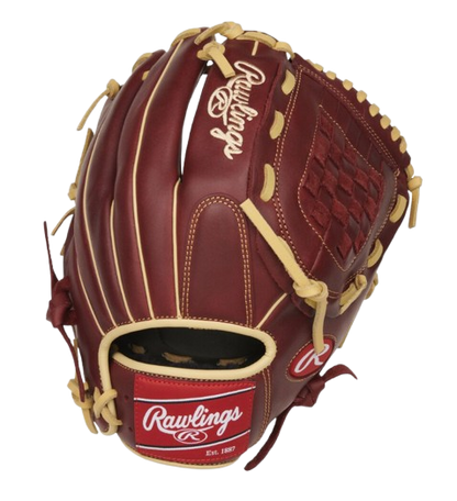 A photo of the Rawlings Sandlot 12" Baseball Glove in colour red and beige. Rear view.