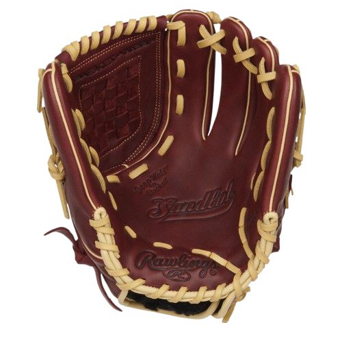 A photo of the Rawlings Sandlot 12" Baseball Glove in colour red and beige. Palm  view.