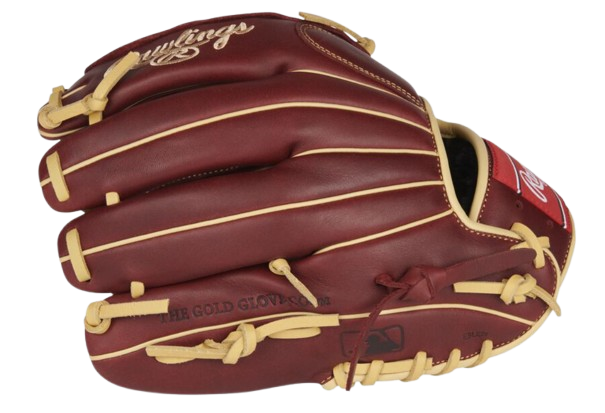 A photo of the Rawlings Sandlot 12" Baseball Glove in colour red and beige. Side view.