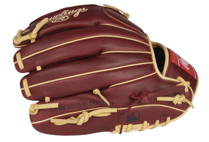 A photo of the Rawlings Sandlot 12" Baseball Glove in colour red and beige. Side view.