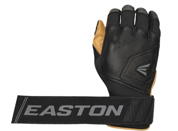 A photo of the Easton Mav Pro Locked-In Adult Batting Gloves in colour black and caramel. Rear view strap out.