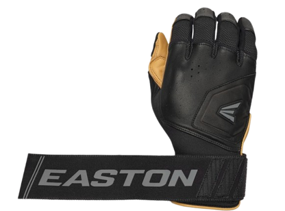 A photo of the Easton Mav Pro Locked-In Adult Batting Gloves in colour black and caramel. Rear view strap out.