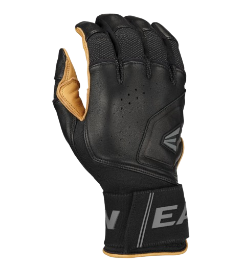 A photo of the Easton Mav Pro Locked-In Adult Batting Gloves in colour black and caramel. Rear view.