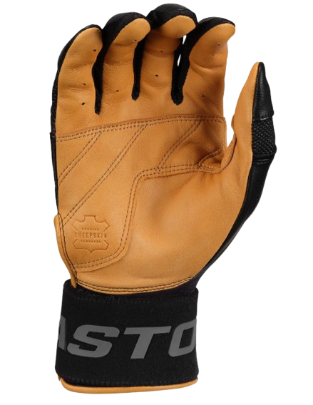 A photo of the Easton Mav Pro Locked-In Adult Batting Gloves in colour black and caramel. Palm view.