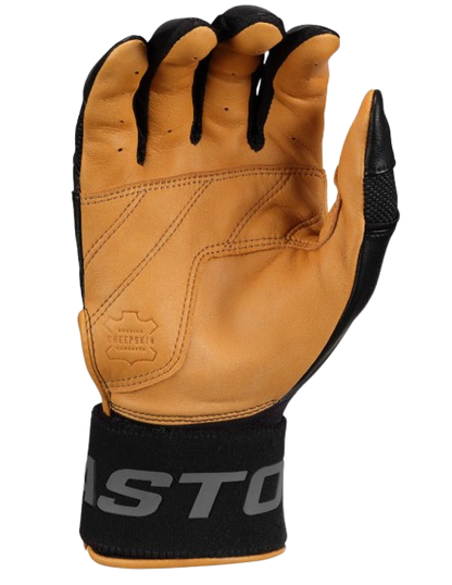A photo of the Easton Mav Pro Locked-In Adult Batting Gloves in colour black and caramel. Palm view.