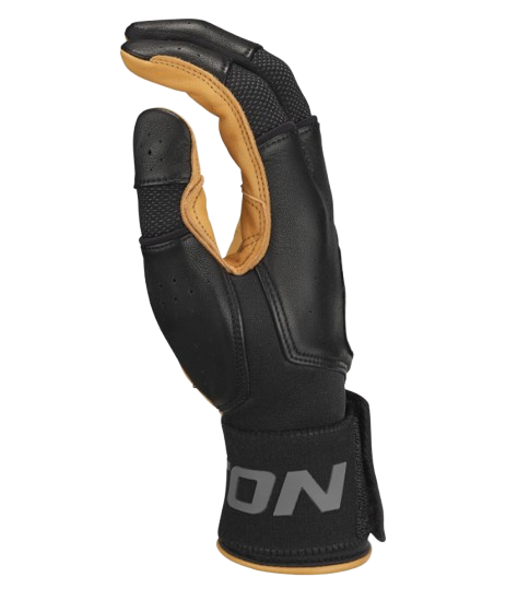 A photo of the Easton Mav Pro Locked-In Adult Batting Gloves in colour black and caramel. Side view.