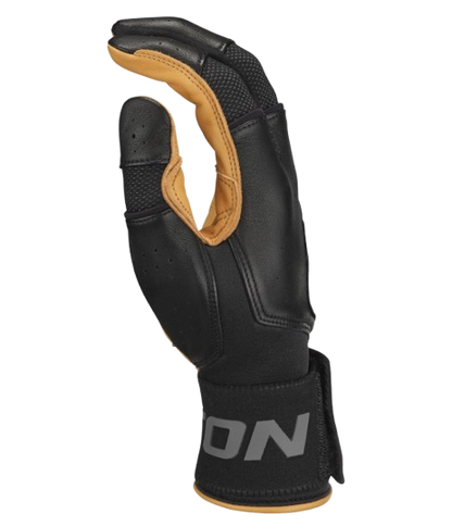 A photo of the Easton Mav Pro Locked-In Adult Batting Gloves in colour black and caramel. Side view.