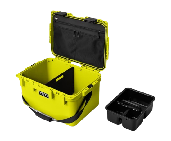 A photo of the Yeti Loadout Gobox 30 2.0 Gear Case in colour yellow. Case open and black try beside it.