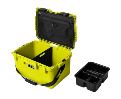 A photo of the Yeti Loadout Gobox 30 2.0 Gear Case in colour yellow. Case open and black try beside it.