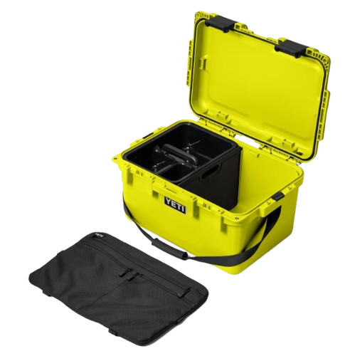 A photo of the Yeti Loadout Gobox 30 2.0 Gear Case in colour yellow. Case open and black tray in front of it.