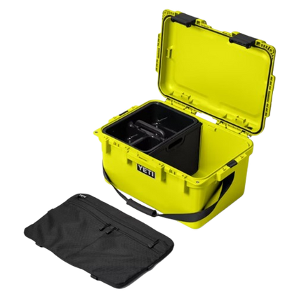 A photo of the Yeti Loadout Gobox 30 2.0 Gear Case in colour yellow. Case open and black tray in front of it.
