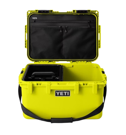 A photo of the Yeti Loadout Gobox 30 2.0 Gear Case in colour yellow. Front view with the case open.