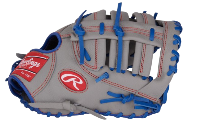 A photo of the Rawlings Select Pro Lite Freddie Freeman 11.5" Youth 1st Base Mitt in colour grey and blue. Side view.