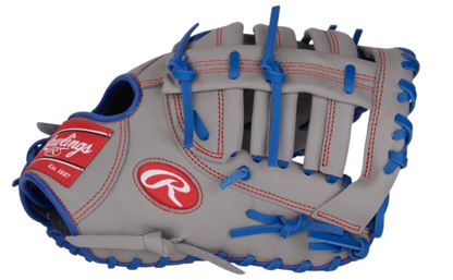 A photo of the Rawlings Select Pro Lite Freddie Freeman 11.5" Youth 1st Base Mitt in colour grey and blue. Side view.