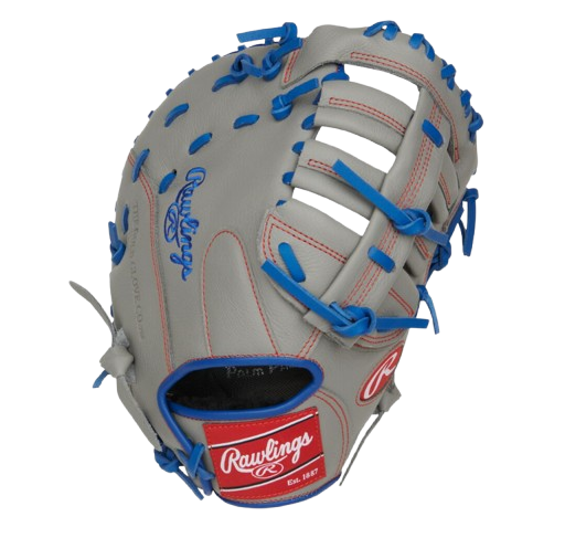 A photo of the Rawlings Select Pro Lite Freddie Freeman 11.5" Youth 1st Base Mitt in colour grey and blue. Rear view.