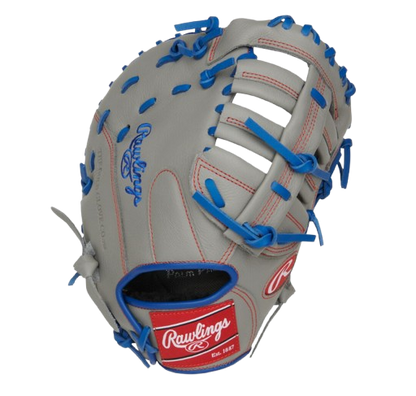 A photo of the Rawlings Select Pro Lite Freddie Freeman 11.5" Youth 1st Base Mitt in colour grey and blue. Rear view.