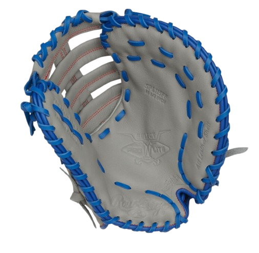 A photo of the Rawlings Select Pro Lite Freddie Freeman 11.5" Youth 1st Base Mitt in colour grey and blue. Palm view.