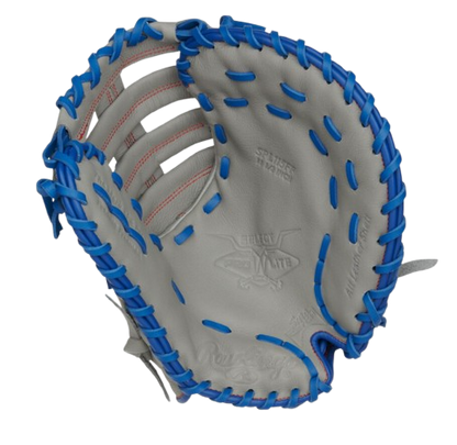 A photo of the Rawlings Select Pro Lite Freddie Freeman 11.5" Youth 1st Base Mitt in colour grey and blue. Palm view.