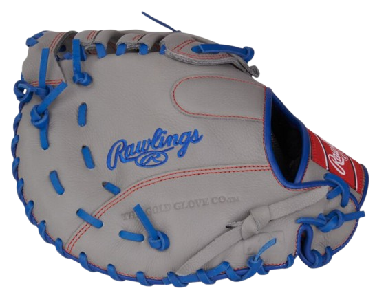 A photo of the Rawlings Select Pro Lite Freddie Freeman 11.5" Youth 1st Base Mitt in colour grey and blue. Side view.