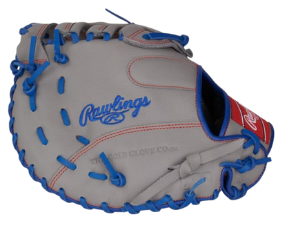 A photo of the Rawlings Select Pro Lite Freddie Freeman 11.5" Youth 1st Base Mitt in colour grey and blue. Side view.