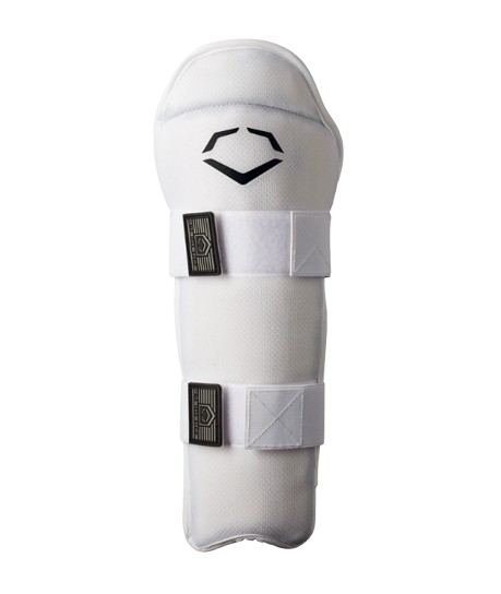 A photo of the Evoshield Slo-pitch Leg Guards in colour white. Front facing pad.