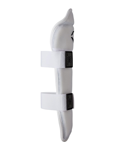 A photo of the Evoshield Slo-pitch Leg Guards in colour white. Sideways pad.