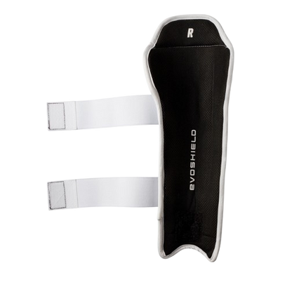 A photo of the Evoshield Slo-pitch Leg Guards in colour white. Rear pad view with black interior and white straps.