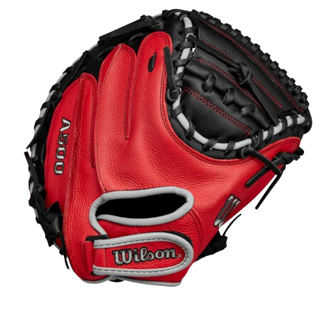 A photo of the Wilson A500® 32" Youth Baseball Catcher's Mitt in colour black and red. Rear view.