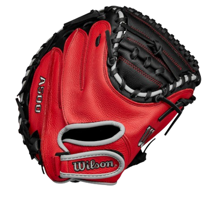 A photo of the Wilson A500® 32" Youth Baseball Catcher's Mitt in colour black and red. Rear view.