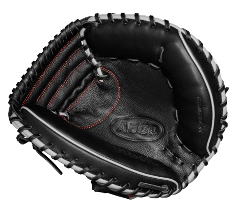 A photo of the Wilson A500® 32" Youth Baseball Catcher's Mitt in colour black and red. Palm view.