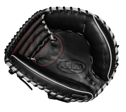 A photo of the Wilson A500® 32" Youth Baseball Catcher's Mitt in colour black and red. Palm view.