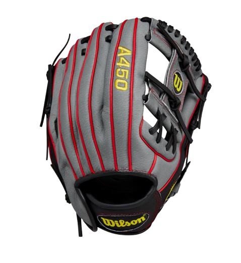 A photo of the Wilson A450 11.5" Youth Baseball Glove in colour grey, red and yellow. Back of glove view.