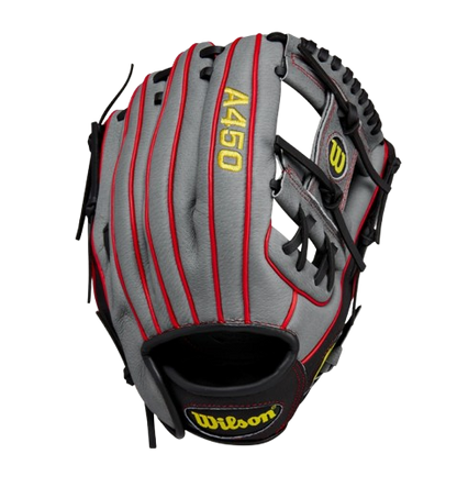 A photo of the Wilson A450 11.5" Youth Baseball Glove in colour grey, red and yellow. Back of glove view.