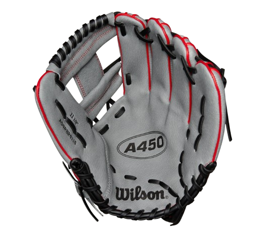 A photo of the Wilson A450 11.5" Youth Baseball Glove in colour grey, red and yellow. Palm of glove view.