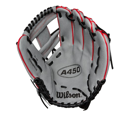 A photo of the Wilson A450 11.5" Youth Baseball Glove in colour grey, red and yellow. Palm of glove view.