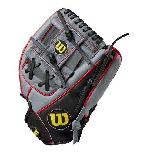 A photo of the Wilson A450 11.5" Youth Baseball Glove in colour grey, red and yellow. Side of glove view.