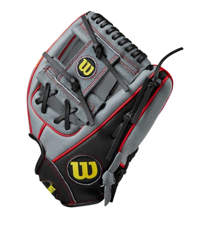 A photo of the Wilson A450 11.5" Youth Baseball Glove in colour grey, red and yellow. Side of glove view.