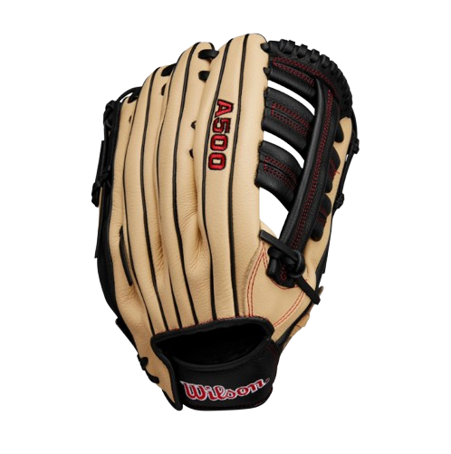 A photo of the Wilson A500 12.5" Outfield Youth Baseball Glove in colour black, tan and red. Back of the glove.