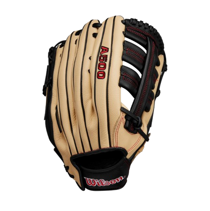 A photo of the Wilson A500 12.5" Outfield Youth Baseball Glove in colour black, tan and red. Back of the glove.