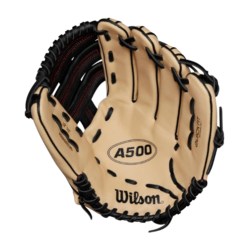 A photo of the Wilson A500 12.5" Outfield Youth Baseball Glove in colour black, tan and red. Palm of the glove.
